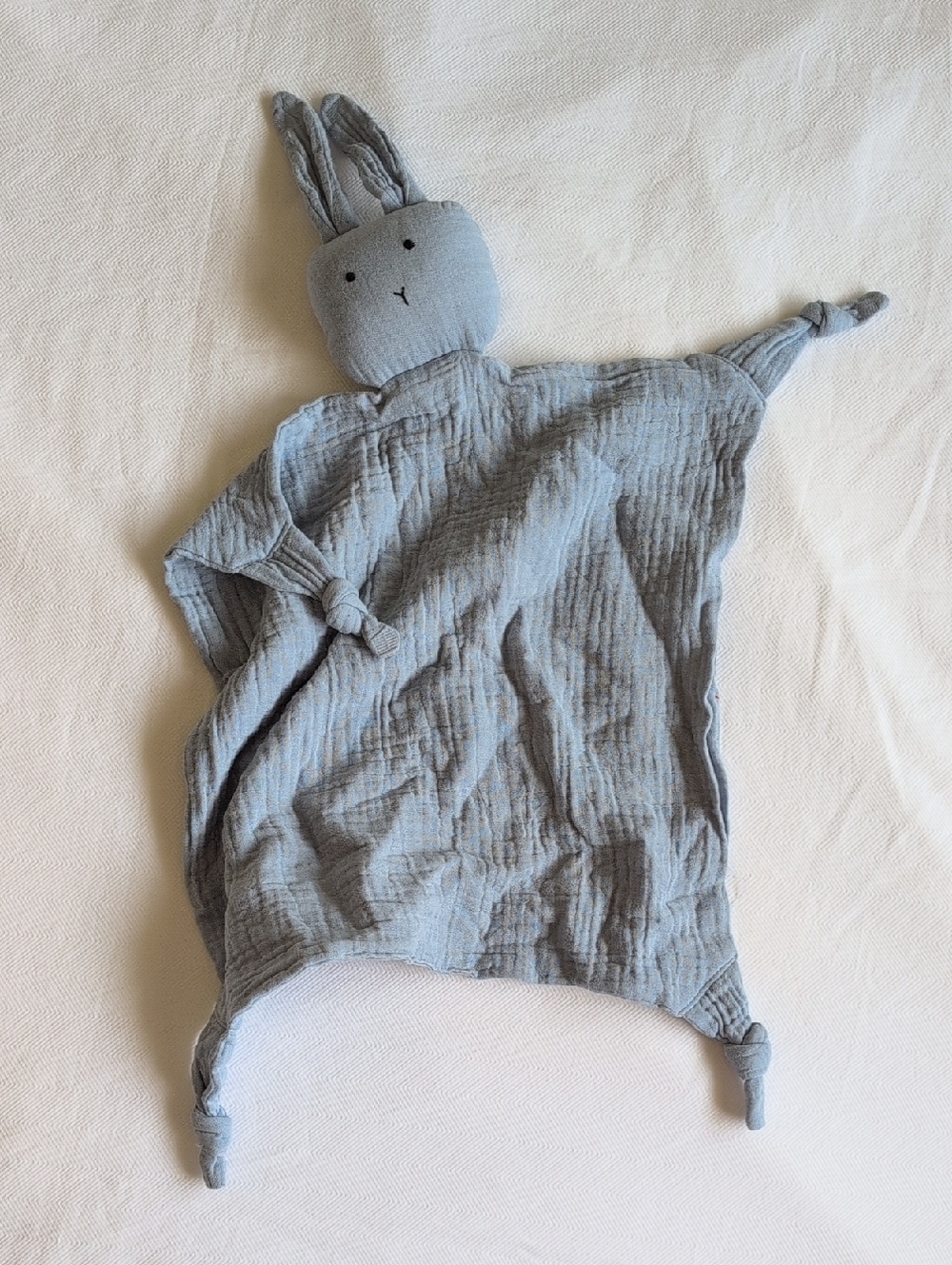 bunny lovey cotton gauze baby security blanket in blue gray unisex neutral